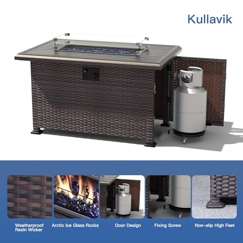 Kullavik 13PCS Outdoor Patio Furniture Set,PE Wicker Rattan Sectional Sofa Patio Conversation Sets with 43" 55000BTU Gas Propane Fire Pit Table,Swivel Rocking Chairs Set,Sand