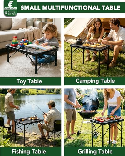 2Ft Small Folding Table with Carry Handle, Camping Table Adjustable Height 10.6–22 in, Black Metal Mesh, Portable & Compact for Outdoor/Indoor,Grill Table, 23.6×15.8 in, 4 lb, 66 lb Capacity