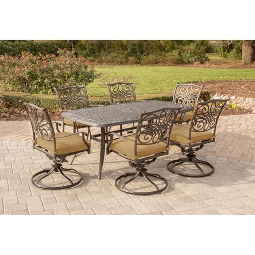 Hanover Traditions 7-Piece Patio Dining Set with 6 Swivel Rocker Chairs, Tan Cushions and Large 38"x72" Dining Table, Outdoor Dining Set for 6, Premium Weather Resistant Patio Furniture