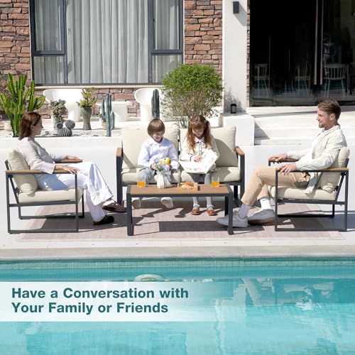 COMLAX FIELD Patio Furniture Set, 4 Pieces Outdoor Patio Furniture with Coffee Table Set, Metal Patio Conversation Sets with Washable and High-Resiliency Sponge Cushions, Upgarded Beige