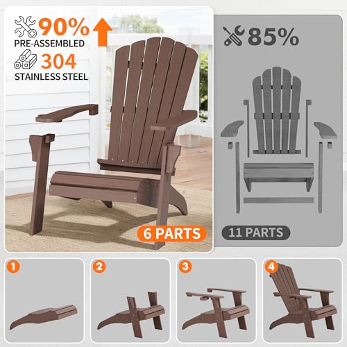 Psilvam Adirondack Chair, Oversized Poly Lumber Fire Pit Chair with Cup Holder, 350Lbs Support Patio Chairs for Garden, Weather Resistant Outdoors Seating, Relaxing Gift for Father & Mother (4, Brown)