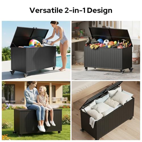 RICNOD Outdoor Storage Box with Wheels 150 Gallon, Mobile Aluminum Deck Boxes Outdoor Waterproof, UV Resistant Patio Storage Box with Lid for Patio Furniture, Garden Tools, Outdoor Cushion(Blank)