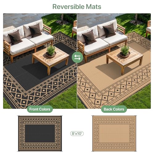 GENIMO Outdoor Rug Waterproof 8'x10' for Patio, Foldable Reversible Plastic Straw Carpet for Travel Trailers, Outside Area Mat for Rv, Deck, Picnic, Porch, Camper, Balcony, Beach, Black & Brown