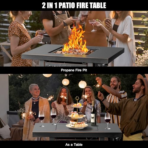 OutVue 32 Inch Propane Fire Pit Table, Outdoor Gas Fire Pits with 2 Drink Holders, Lid & Lava Rock, 50000 BTU Firepit Table for Dinning, Party in Outside, Patio, Garden or Yard
