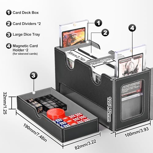 UAONO Card Deck Box for MTG, Double Storage Box with 2 Commander Display & 1 Dice Tray, Fits 200+ Double Sleeved, Organizer for CCG TCG Sports(Black Gray)