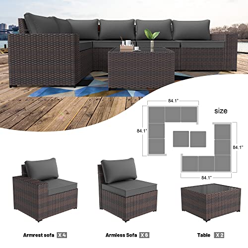 Kullavik Outdoor Patio Furniture Set,12 Pieces Sectional Rattan Sofa Set Brown PE Rattan Wicker Patio Conversation Set with 10 Seat Cushions and 2 Tempered Glass Coffee Table,Grey