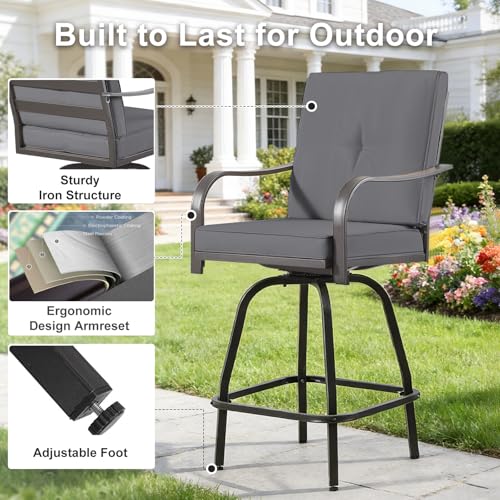 STRPRETTY BASIC Outdoor Swivel Bar Stools Set of 4, Patio Bar Height Swivel Stools with Cushions for Garden Balcony Backyard, Grey