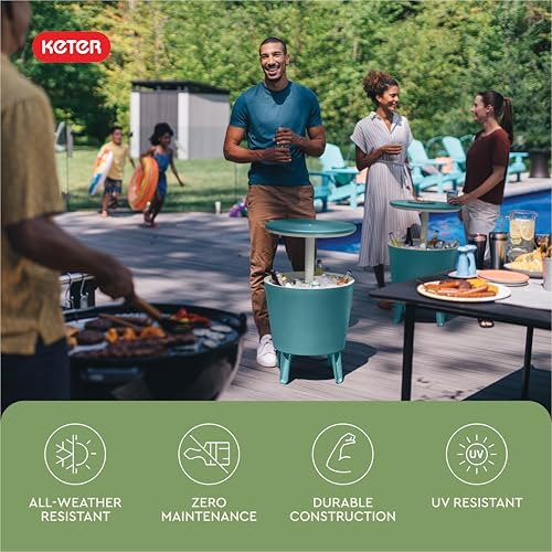 Keter Modern Cool Bar Outdoor Patio Furniture and Hot Tub Side Table with 7.5 Gallon Beer and Wine Cooler, Teal