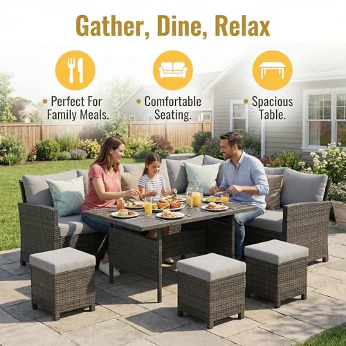 Patio Furniture Set, 7 Piece High Curved Back Outdoor Dining Sectional Sofa, All Weather Wicker Conversation Set with Ottoman
