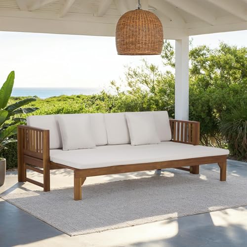 SAFAVIEH Outdoor Patio Furniture Collection - Napoli Brown & Cream Solid Wood Bench Convertible Daybed with Cushions, Versatile Patio Seating (PAT6805A)