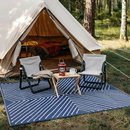 Garvee Striped 5x8 Outdoor Rug Waterproof Reversible Patio Mat, Portable Lightweight Plastic Straw Camping Rug for RV, Balcony, Backyard, Porch, Beach, Picnic, UV Protected & Easy Clean, Navy & White