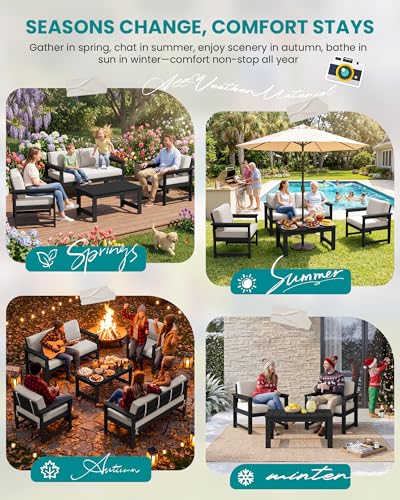 SERWALL 2 Pieces Single Cushioned Sofa Armchair, Black HDPE Adirondack Outdoor Sofa Lounge with Khaki Cushion