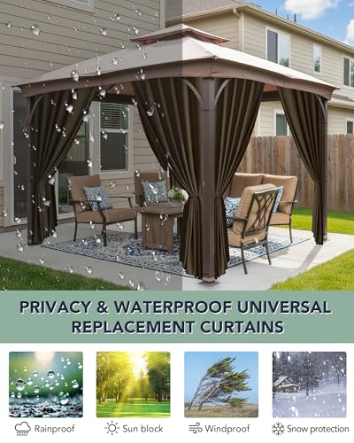RichSets Gazebo Curtains Outdoor Waterproof - 10'Wx12'Lx7'H Gazebo Universal Replacement Privacy Curtains, 4 Panels Sidewall Drapes with Zipper for Patio Pergola Garden Backyard, Brown
