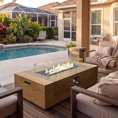 UPHA 50-inch Outdoor Patio Propane Gas Fire Pit Table 50000 BTU Concrete Round Firepit with ABS Tank Hidden Table, Wind Guard, Blue Glass Rocks, Rain Cover, Natural Wood Finish