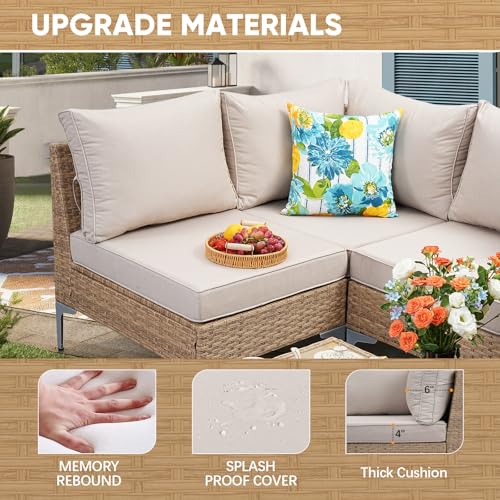 JOYURE 5 Piece Wicker Patio Furniture Set,Outdoor Conversation Sectional Sofa w/Coffee Table,All-Weather Outdoor Sofa with Thick and Anti-Slip Cushions for Deck,Poolside,Garden,Beige
