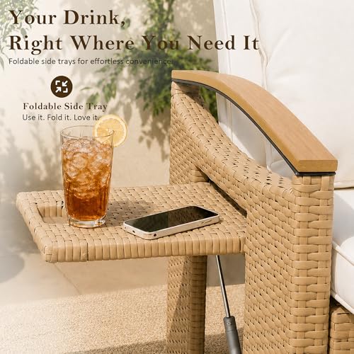 Ancelny Boho Outdoor Daybed, Natural Rattan Patio Loveseat with Storage Ottoman & All-Weather Plastic Wood Armrests, 1-Box Delivery Double Chaise Lounge w/Weather-Resistant Cushions,Beige