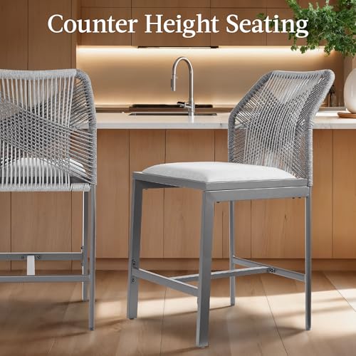 Best Choice Products Indoor Outdoor Counter Height Bar Stools Set of 2, Armless Kitchen Counter Stools w/Back and Footrest, Built-in Cushion, Aluminum Frame - Charcoal/Graphite