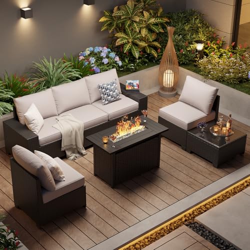 Aoxun Outdoor Patio Furniture Set with 44'' Fire Pit Table, 7 Pcs Outdoor Sectional with 4in Thicken Cushion, Widen Armrests Wicker for Backyard, Grey