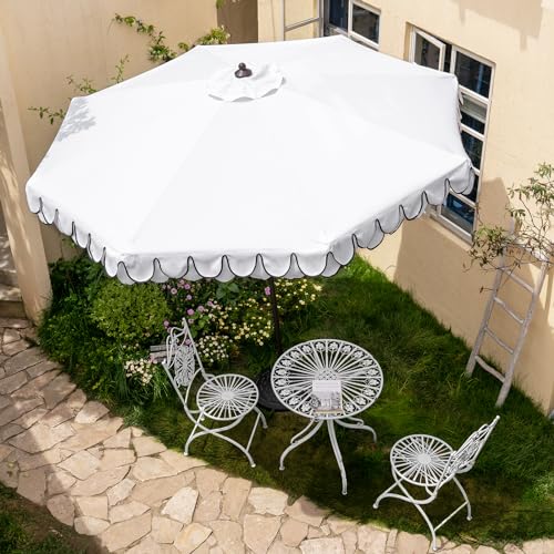 Funsite 9Ft Elegant Valance Patio Umbrella, Outdoor Umbrellas for Patio with Tilt and Crank Systerm, Table Umbrella for Outdoors, Poolside,Beach, Backyard, White