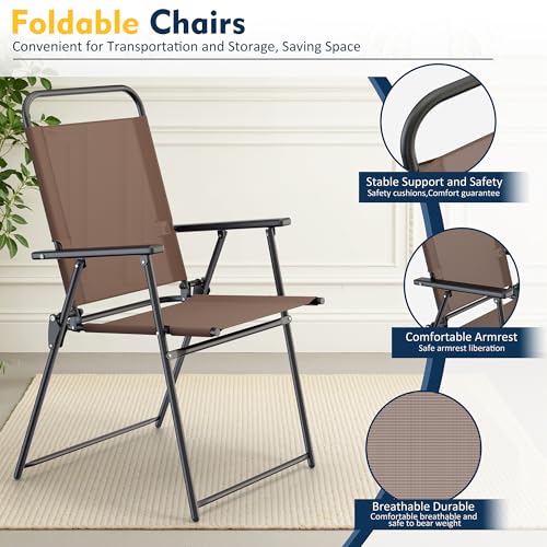 Shintenchi 6 Piece Patio Dining Set with Umbrella, Outdoor Furniture Set with 4 Folding Chairs and Tempered Glass Top Dining Table fot Lawn Backyard Garden Porch Brown and Beige