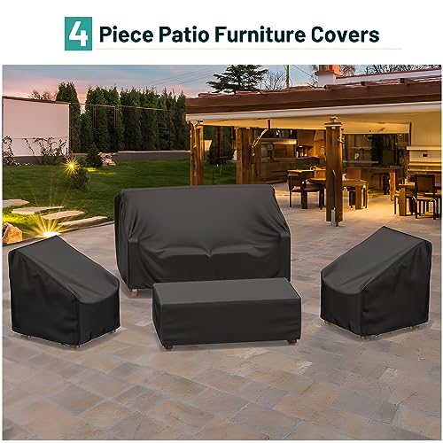 Mrrihand Patio Furniture Covers, 4 Piece Outdoor Furniture Cover Waterproof includ Ourdoor Sofa Cover, 2 Chair Covers, Coffee Table Cover with Windproof Buckle Strap and Adjustable Drawstring-Black