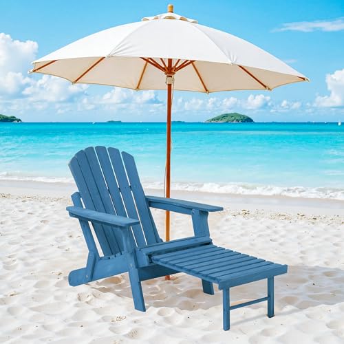 LDB_BUILDING Oversized Folding Adirondack Chair with Retractable Ottoman - Solid Wood Outdoor Lounge Chair for Patio Garden Backyard Porch, Weather-Resistant & Pre-Assembled, Blue