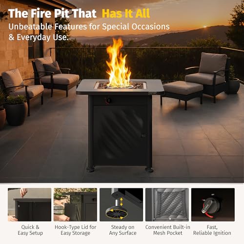 East Oak 28” Outdoor Propane Fire Pit Table | 52,000 BTU Gas Fire Pit for Outside with Easy-Hook Lid, Mesh Pocket & Lava Rocks | CSA Certified | Ideal for Patio, Garden & Backyard | Black