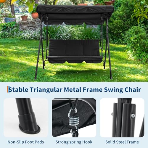 GarveeLife 3-Person Outdoor Porch Swing Chair with Adjustable Canopy, Breathable Fabric Seat and Backrest, Armrests, Heavy-Duty Frame, 600 lbs Capacity, for Patio, Backyard or Garden, Black