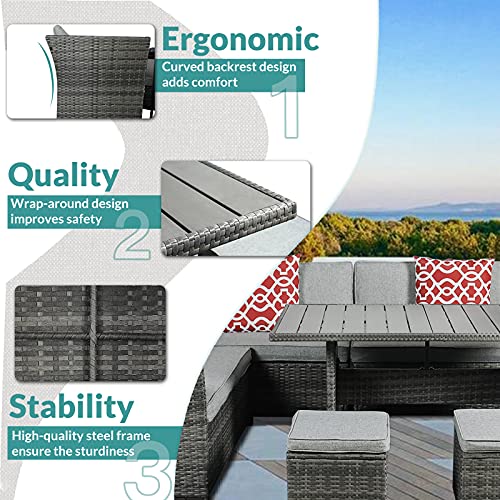 MEETWARM 7 Pieces Wicker Patio Furniture Set Outdoor Conversation Set All Weather Rattan Sectional Sofa Couch Garden Dining Table Chair Set with Ottoman (Gray)
