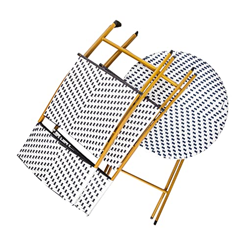Flash Furniture Rouen Commercial Grade Folding Bistro Set, Indoor/Outdoor PE Rattan Table Top, Back and Seat, Natural Steel Frames, 3 Piece Set, Navy/White
