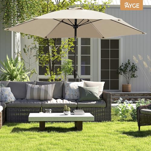 Ayge 7.5FT Large Outdoor Patio Umbrella Market Table Umbrella-UV Resistant, Easy Push Button Tilt and Crank, 6 Sturdy Fiberglass Ribs Heavy-Duty Pool Umbrella for Deck, Backyard,Garden, Yard,Beige