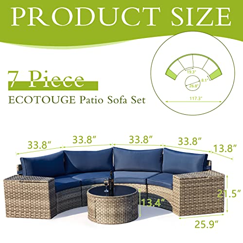 ECOTOUGE 7 Piece Outdoor Half Moon Furniture, Wicker Patio Sectional Conversation Set with 2 Storage Armrests and Circle Glass Table, Gray Rattan Curved Sofa for Garden, Balcony and Back Yard (Blue)