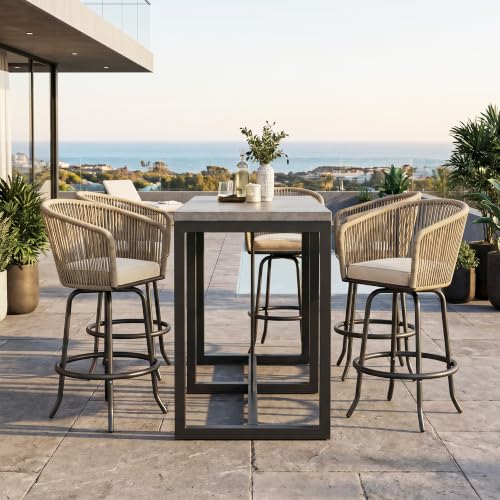 YITAHOME 27" Bar Stools Set of 2 with Arms & Cushions, 360° Swivel Outdoor Bar Stools, All Weather Counter Height Bar Stools Set of 2 with Curved Back for Backyard, Kitchen Island, Dining Room, Beige
