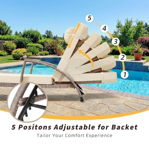 Garvee Outdoor Chaise Lounge Set of 2, 5-Position Adjustable PE Wicker Reclining Chairs with Wheels & 3.5" Cushions, 400 lbs Capacity All-Weather Patio Furniture for Poolside, Garden, Beach(Beige)
