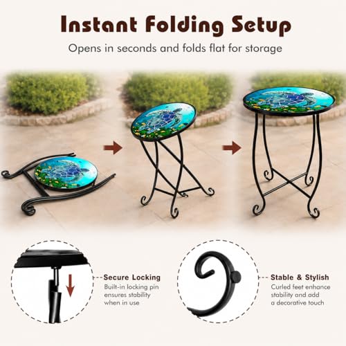 Kaesithar 2-Pack 15 Inch Tall Mosaic Patio Side Tables Style, Metal Folding Turtle Table Set, Shatterproof Outdoor Patio Table for Porch Deck, Rust Resistant Small Garden Table (Set of 2)