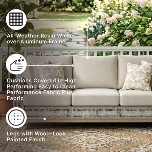 Signature Design by Ashley Seton Creek Cottage Nuvella Weather Resistant Fabric Outdoor Sofa with Cushion and 4 Throw Pillows, Light Brown & Light Gray