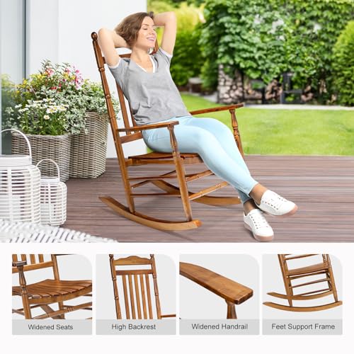 VINGLI Wooden Rocking Chair, Outdoor Chair with 450 lbs Support, Relaxing Rocker with Solid Wood High Back Seat Reclining Seat for Deck, Garden, Backyard, Porch, Indoor or Outdoor Use (Teak, 2PCS)