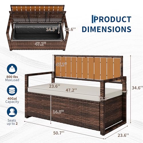 75 Gallon Outdoor Storage Bench with Cushion, 2-Seater PE Rattan Patio Storage Box with Backrest & Armrests, Weatherproof Lockable Deck Box for Garden, Balcony, Porch, Pool, Yard, Dark Brown