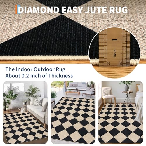 GarveeHome Checkered Easy Jute 5x7 Area Rugs for Living Room Machine Washable Non-Slip Backing Stain Resistant Modern Indoor Outdoor Rugs for Farmhouse Dining Room Patio Black