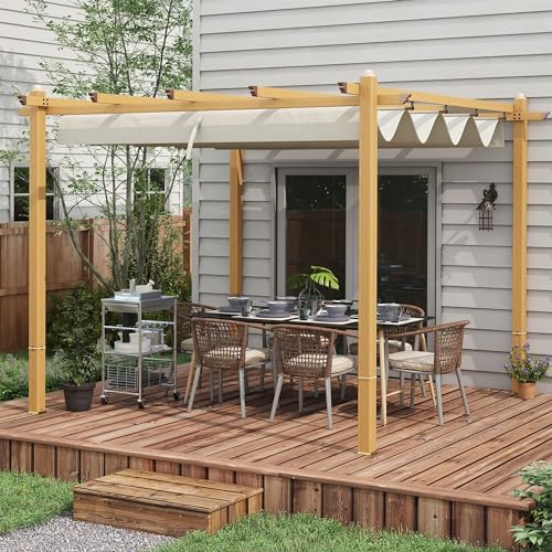 Outsunny 10' x 10' Retractable Pergola Canopy, Wood Grain Aluminum Pergola, Outdoor Sun Shade Shelter for Grill, Garden, Patio, Backyard, Deck, Cream White
