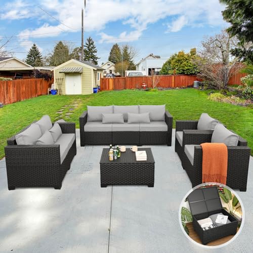 Rattaner 5-Piece Patio Furniture Sofa Set Outdoor Wicker Sectional Couch with Storage Table Non-Slip Cushions Furniture Covers, Grey