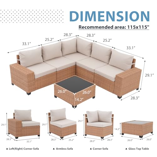 JOIVI 6-Piece Outdoor Sectional Patio Furniture Set, All-Weather Wicker Conversation Sectional with 8” Wide Armrests & 4” Cushions, Modular L-Shaped Sofa for Backyard, Garden & Porch, Beige
