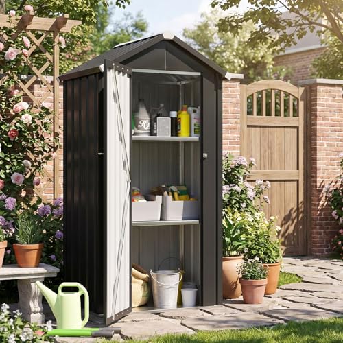 Aoxun Vertical Metal Tool Cabinet 2.5x2FT, 21 Cu.Ft Weatherproof Outdoor Storage Shed with Floor & Adjustable Shelves, Space-Saving Design for Garden, Garage, Patio