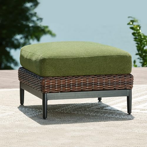 Signature Design by Ashley Horizon Hall Square Outdoor Ottoman, Zippered Cushion with Nuvella Cleanable Performance Fabric, Green and Light Brown, 27.75' W