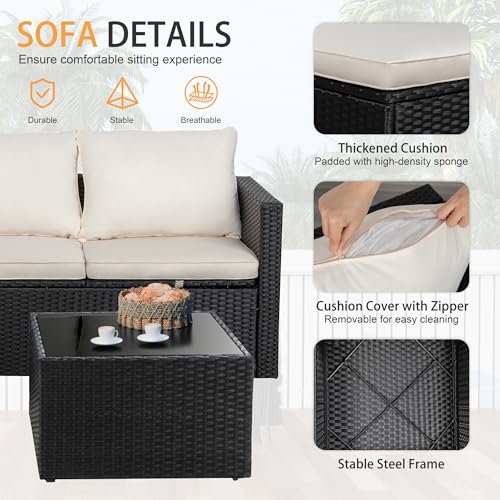 Shintenchi 4 Pieces Patio Furniture Sets, Outdoor Sofa Patio Sectional Sets All Weather, 2-in-1 Wicker Rattan Seating Sofa Couch with Cushions & Coffee Table for Yard, Garden, Porch, Poolside (Beige)