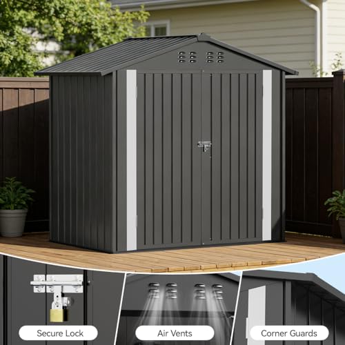COMHOMA 6'x4' Shed Outdoor Storage Metal, Weatherproof Garden Utility Tool House with Lockable Doors & Adjustable Shelving, Ventilated Backyard Workshop,Grey