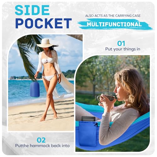 Camping Hammock Lightweight, Portable Hammocks Parachute Hammock with Two Tree Straps, Single or Double Travel Swing Nylon Camp Hammocks, Outdoor Essentials for Beach Backpacking Hiking, Blue