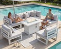 NICESOUL 7 Piece White Powder-Coated Aluminum Patio Furniture with Fire Pit Table, 29 Inch Extra Wide Outdoor Sectional Sofa for 6, High-End Heavy Duty L-Shaped Large Couch for Backyard, Light Gray