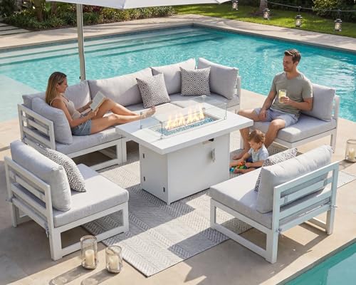 NICESOUL 7 Piece White Powder-Coated Aluminum Patio Furniture with Fire Pit Table, 29 Inch Extra Wide Outdoor Sectional Sofa for 6, High-End Heavy Duty L-Shaped Large Couch for Backyard, Light Gray