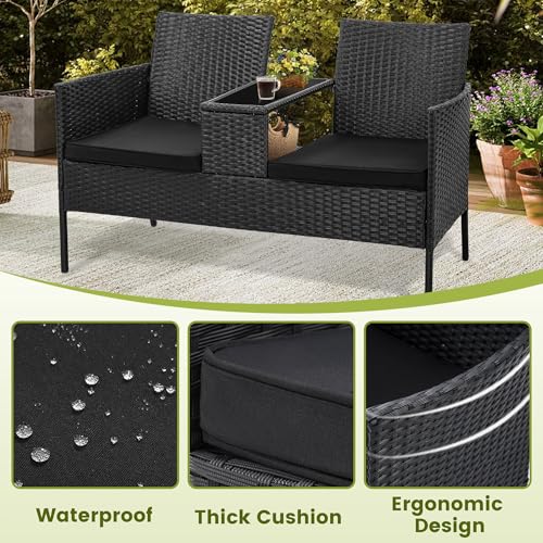 Kromax Wicker 2 Seat Patio Loveseat, Outdoor Rattan Loveseat with Table, Washable Cushion Covers, Backyard, Garden, Lawn, Black Rattan with Black Cushion